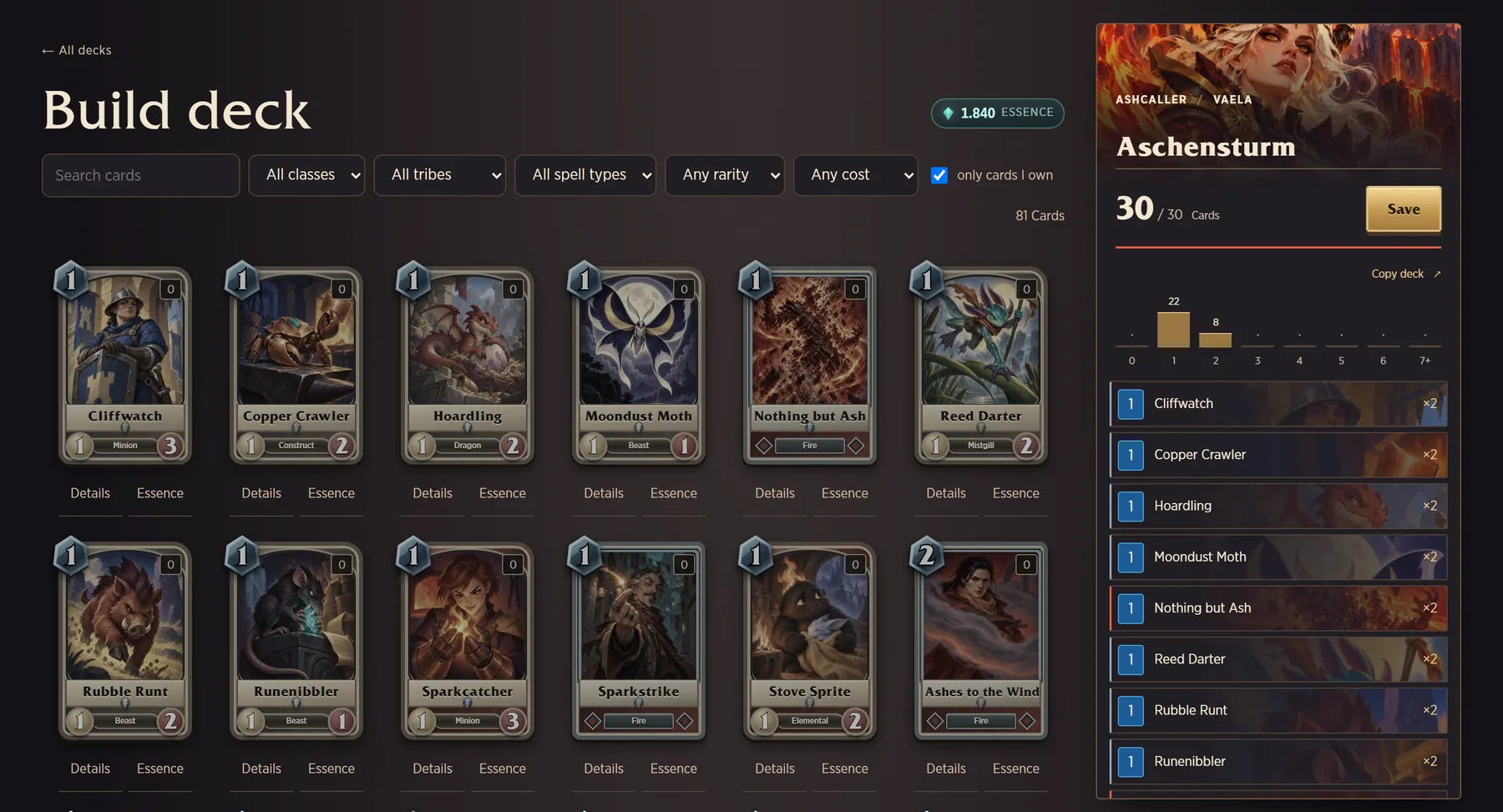 The deck builder with card grid and deck list